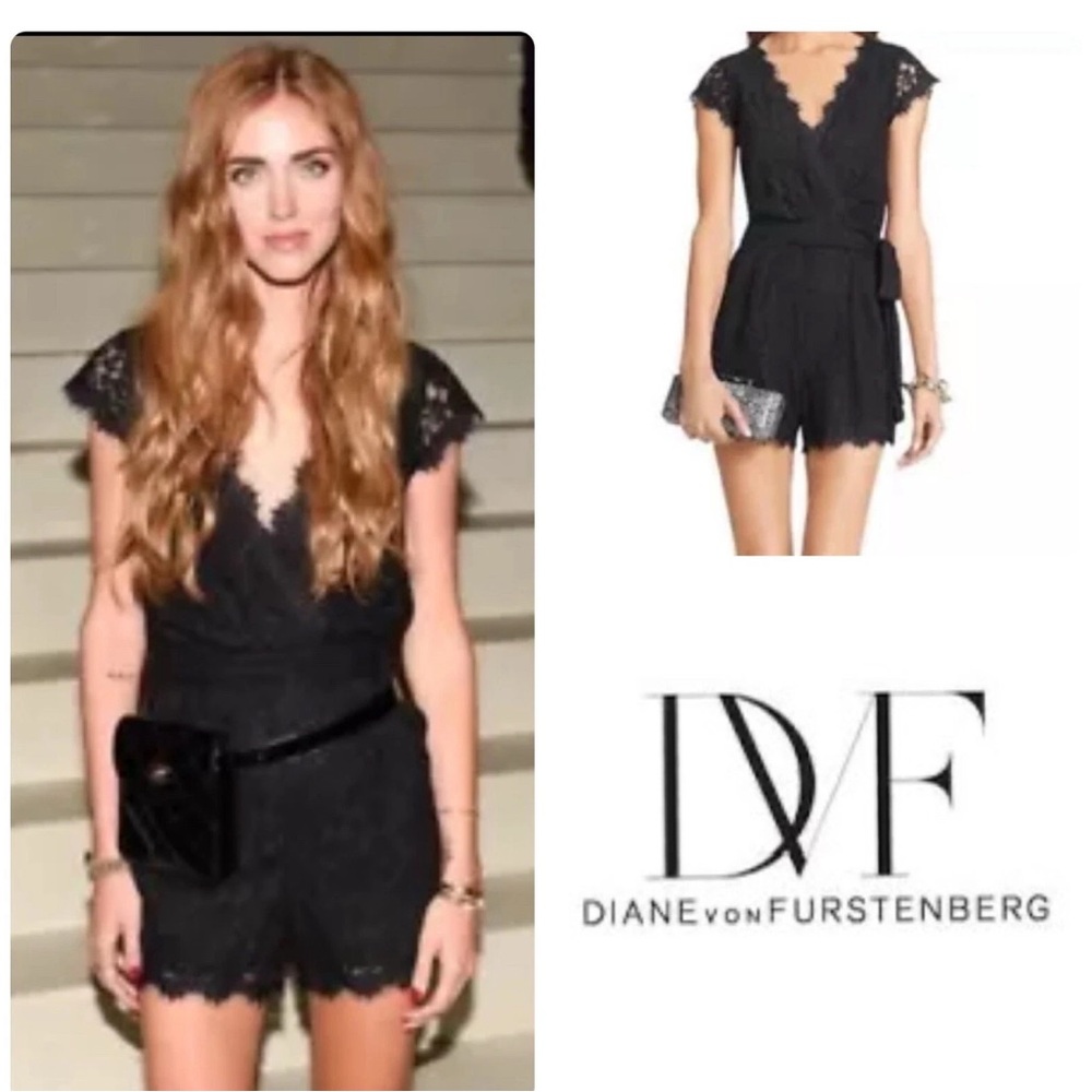 Diane Von Furstenberg Black Purdette Lace Romper Shorts Sz 8